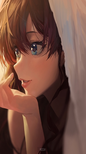 Anime girl with brown hair and blue eyes