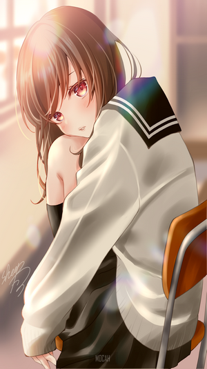 Anime girl in school uniform sitting on a chair