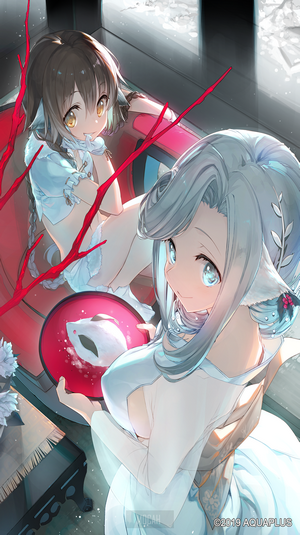 Two anime girls in white outfits with red branches