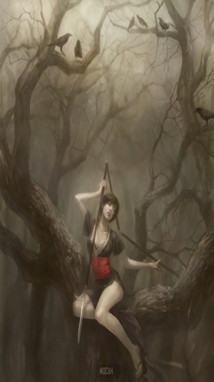 Anime girl with swords in a forest with crows