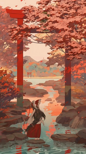 Anime girl in traditional Japanese attire by a river