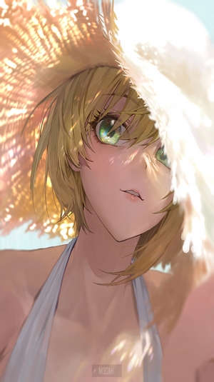 Anime girl with blonde hair and green eyes wearing a straw hat