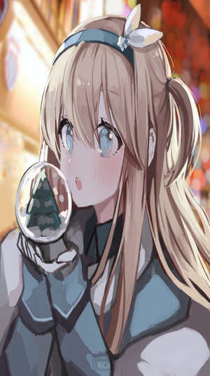 Anime girl holding a snow globe with a Christmas tree
