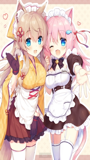 Two anime girls in maid outfits and kimono