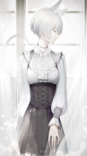 Anime girl with white hair and cat ears