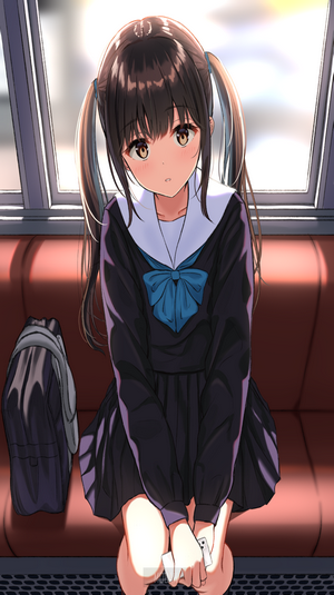 Anime girl with pigtails in school uniform sitting on a bench