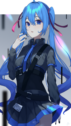 Anime girl with blue hair and black outfit