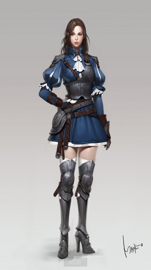Anime girl in blue dress and armor