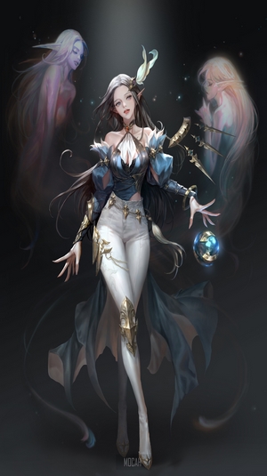 Anime girl with ethereal spirits and magic orb