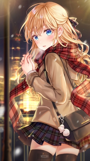Anime girl with blonde hair and blue eyes in winter