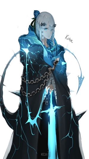 Anime girl with blue magical cloak and sword