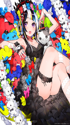 Anime girl surrounded by teddy bears