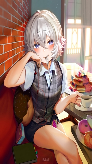 Anime girl with white hair eating at a cafe