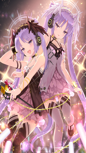 Two anime girls with purple hair and headphones