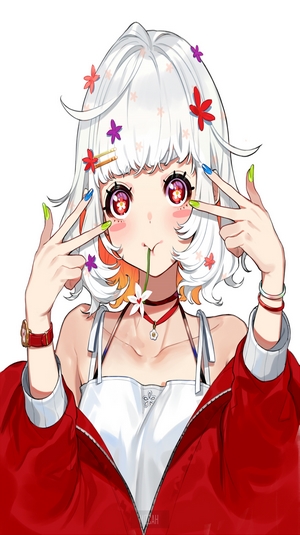 Anime girl with white hair and flowers in hair