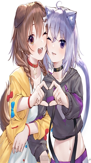 Two anime girls making a heart shape with their hands