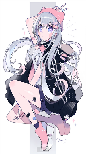 Anime girl with long white hair wearing a pink hat