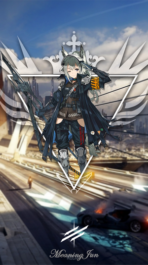 Grani from Arknights with a city background