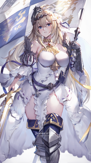 Jeanne d'Arc from Fate, holding a flag and sword