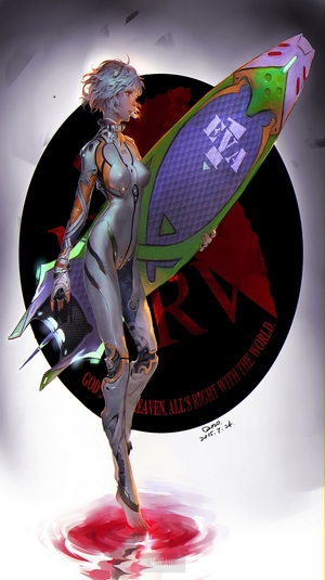 Rei Ayanami from Neon Genesis Evangelion holding an EVA surfboard