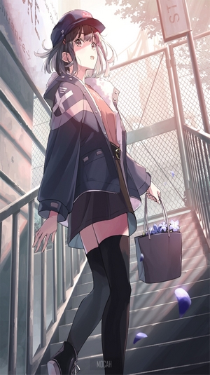 Anime girl with hat and stockings on stairs