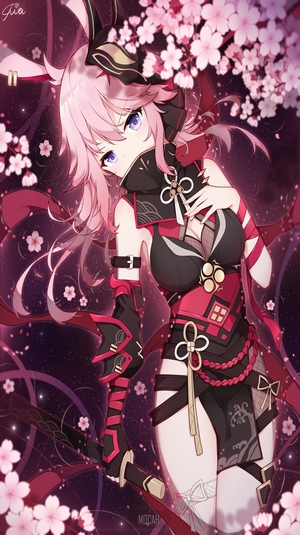 Anime girl with pink hair and cherry blossoms