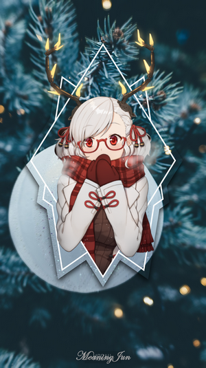 Anime girl with glasses and reindeer antlers on Christmas tree background
