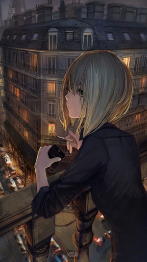 Anime Girl Smoking on Balcony at Night