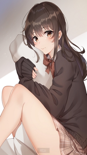 Brunette Anime Girl Hugging Pillow