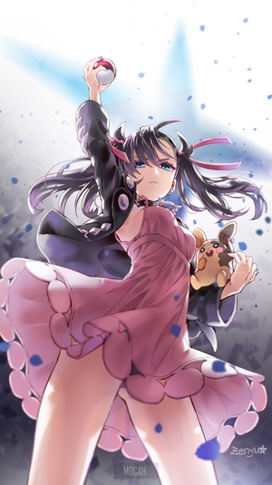 Marnie from Pokémon Holding Pokéball and Morpeko