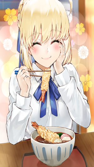 Saber from Fate/Stay Night eating tempura soba