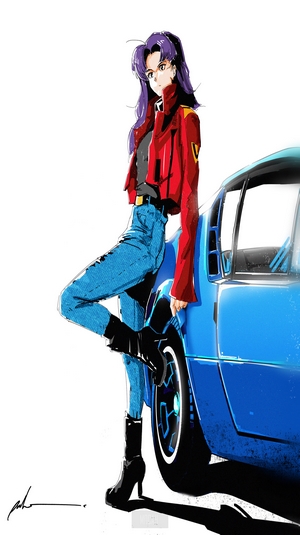 Misato Katsuragi from Neon Genesis Evangelion leaning on a blue car