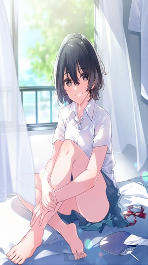 Anime girl in school uniform sitting by window