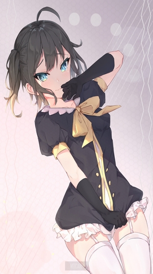 Anime girl in black dress with yellow bow