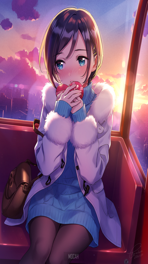 Anime girl eating apple in Ferris wheel at sunset