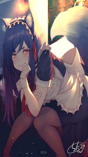 Fox girl in maid outfit with fluffy tail