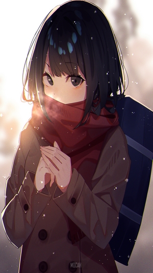 Anime girl with dark hair and red scarf in snow