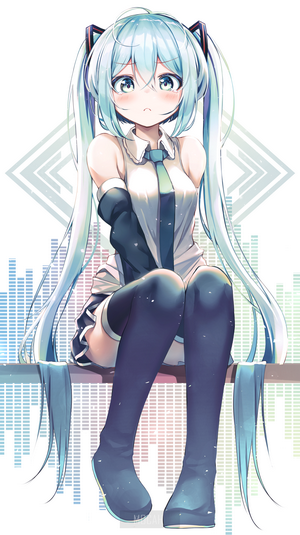 Anime girl with blue hair and stockings sitting