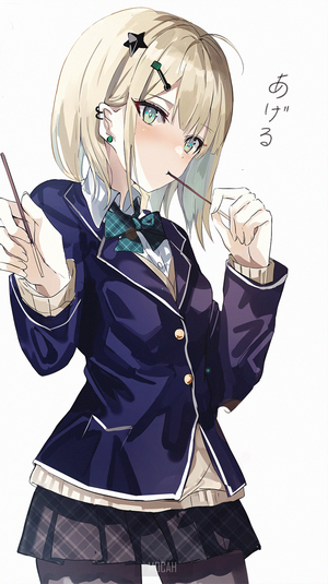 Anime girl with blonde hair eating chocolate stick