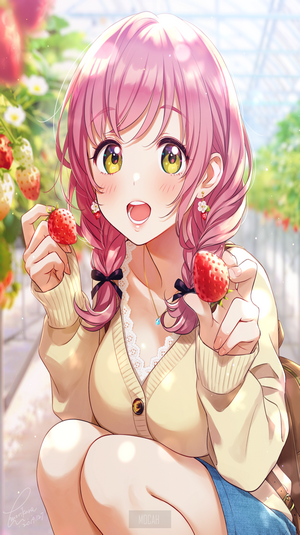 Anime girl with pink hair picking strawberries