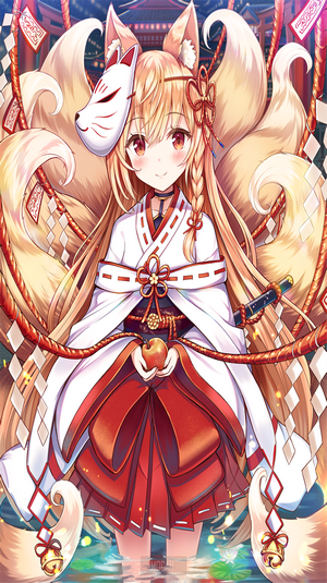 Kitsune Shrine Maiden with Fox Mask and Apple
