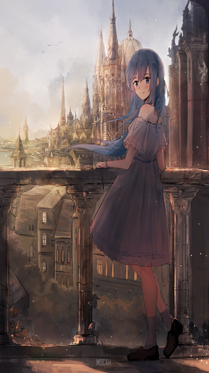 Anime girl with blue hair on a balcony overlooking a fantasy city