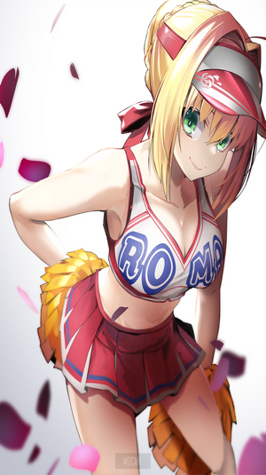 Anime girl with blonde hair and green eyes in cheerleader outfit