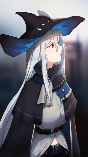 Skadi from Arknights wearing a witch hat