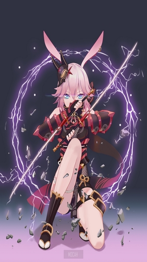 Anime girl with pink hair and bunny ears holding swords
