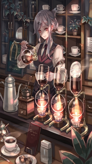 Anime girl making coffee with siphon brewers