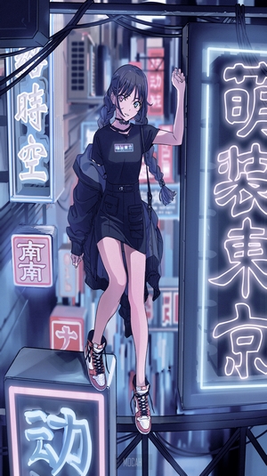 Neon-Lit Anime Girl with Heterochromia in Urban Night