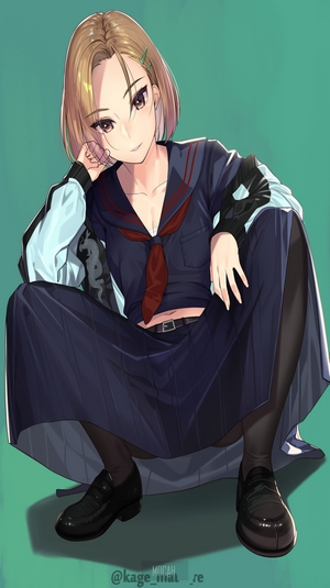 Anime girl in school uniform crouching