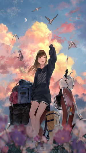 Anime girl with luggage on a scooter at sunset