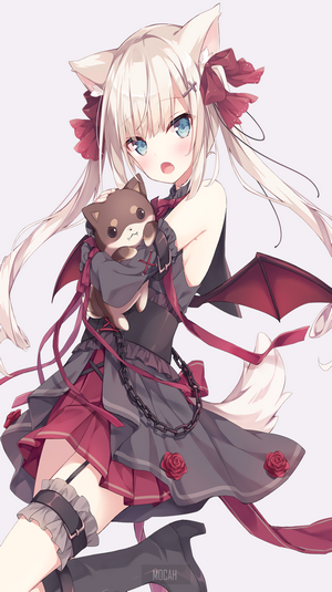 Anime girl with cat ears holding a stuffed animal